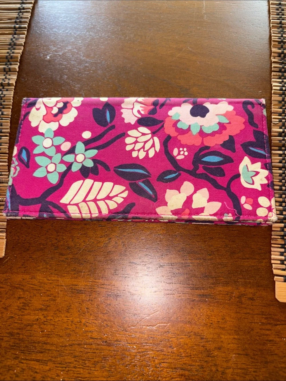 Vera Bradley Pink Floral Quilted Wallet with Teal and Navy Accents